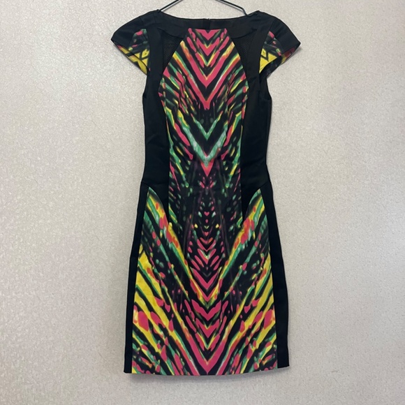 Karen Millen Multicolor Striped Neon Mesh Detail Cocktail Pencil Sheath Dress 2 - Picture 10 of 14